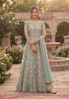 Grey Embroidered Net Kurta Set