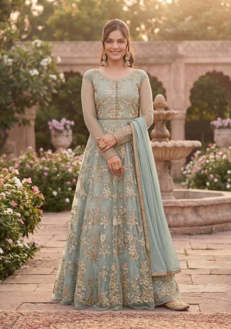 Grey Embroidered Net Kurta Set - Indya