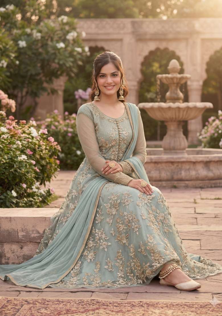 Grey Embroidered Net Kurta Set - Indya
