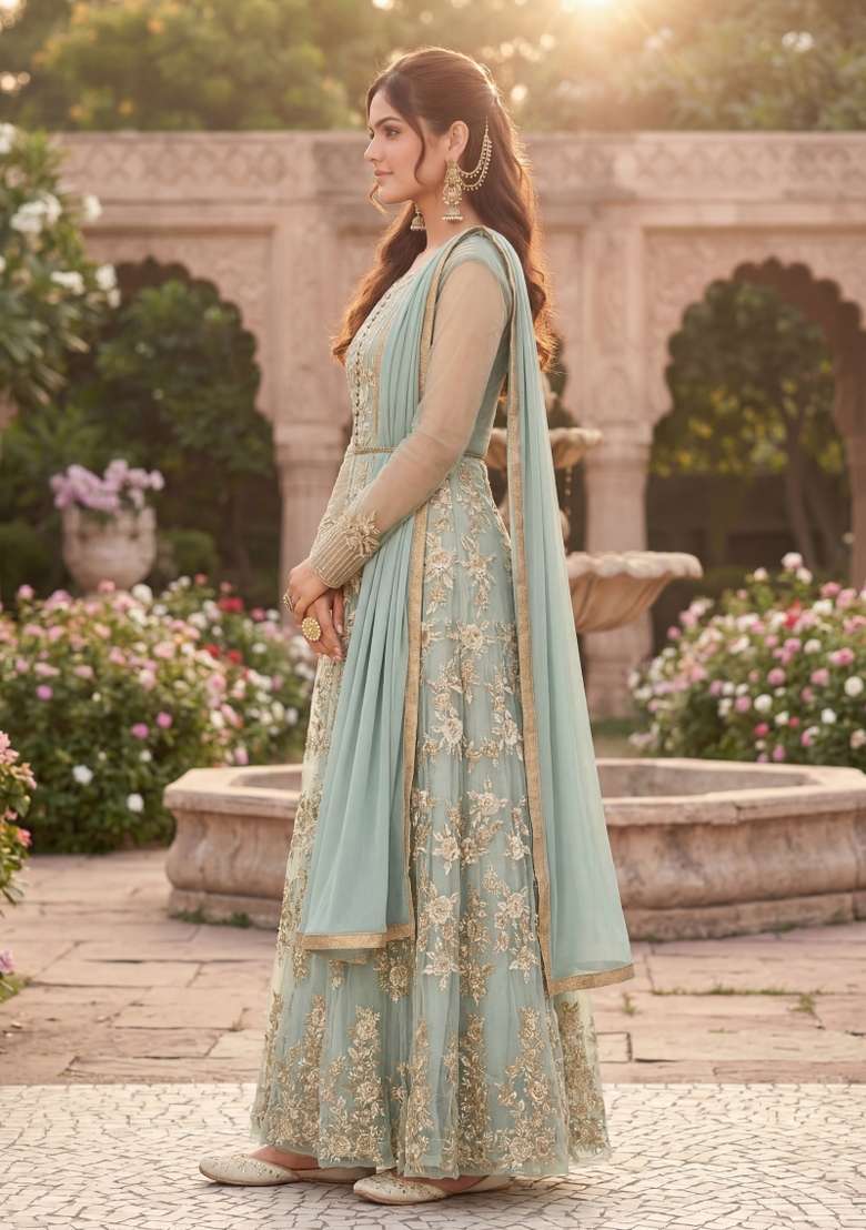Grey Embroidered Net Kurta Set - Indya