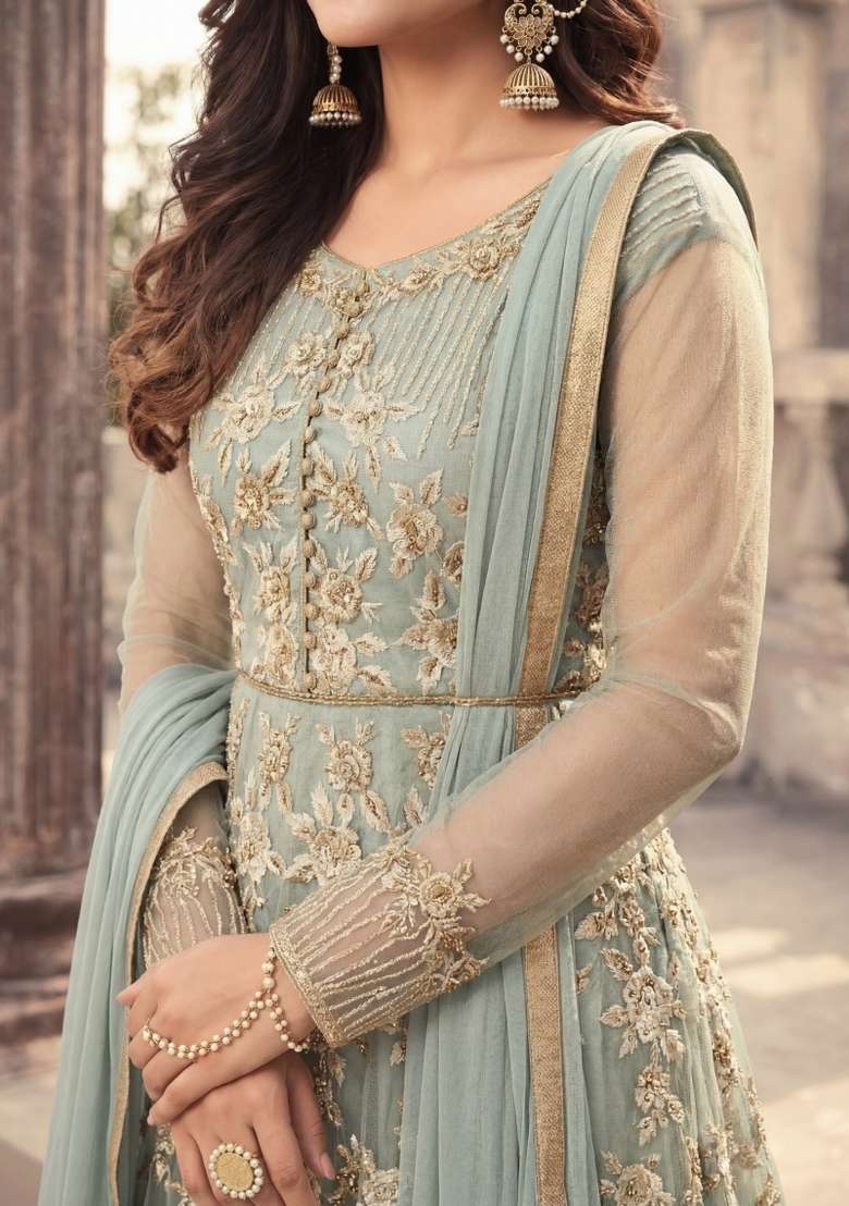 Grey Embroidered Net Kurta Set - Indya