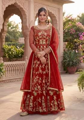 Red Embroidered Net Kurta Set