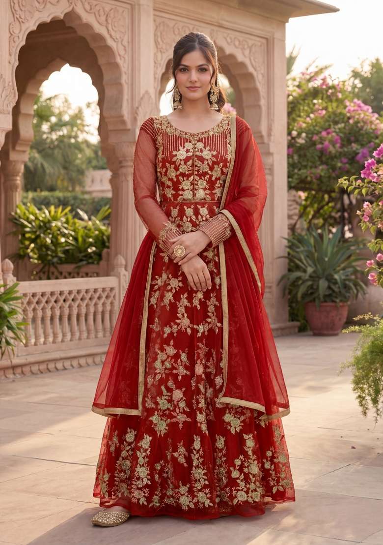 Red Embroidered Net Kurta Set - Indya