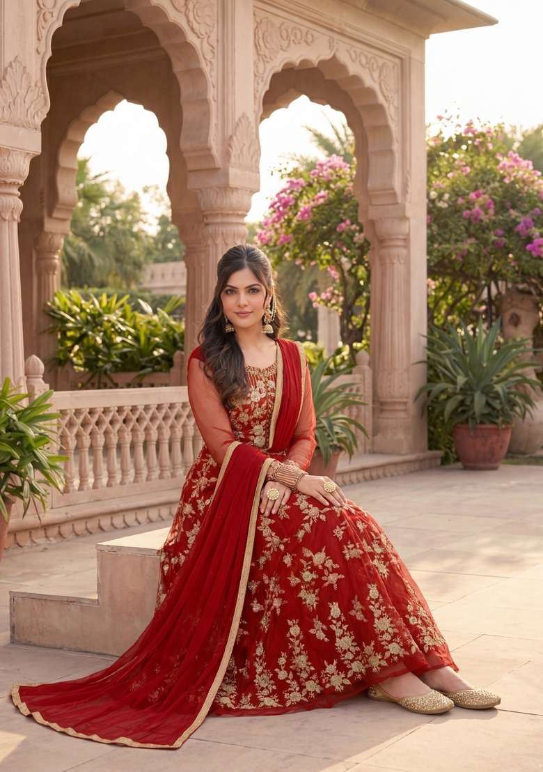 Red Embroidered Net Kurta Set - Indya