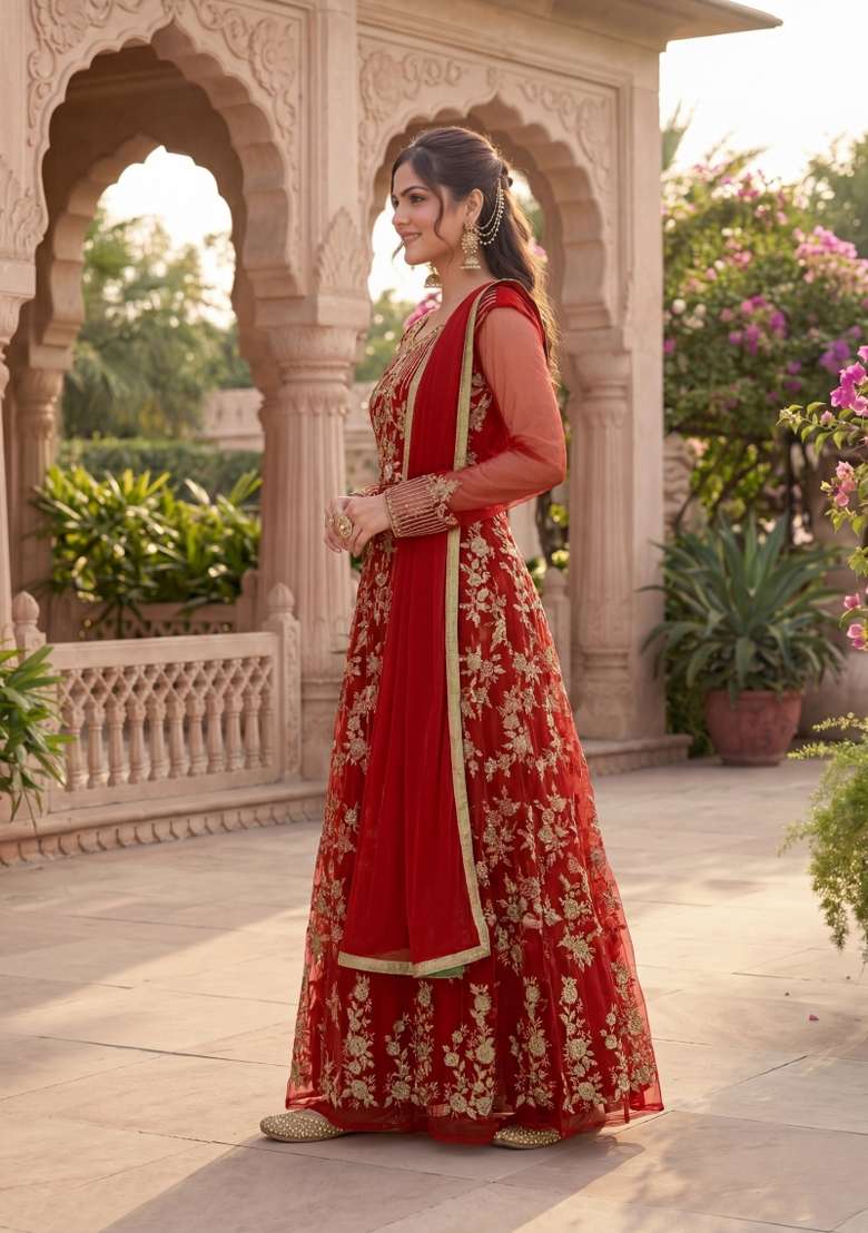 Red Embroidered Net Kurta Set - Indya