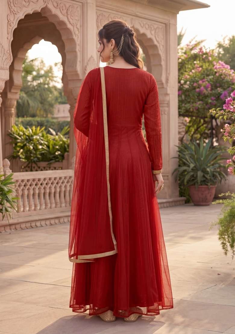 Red Embroidered Net Kurta Set - Indya