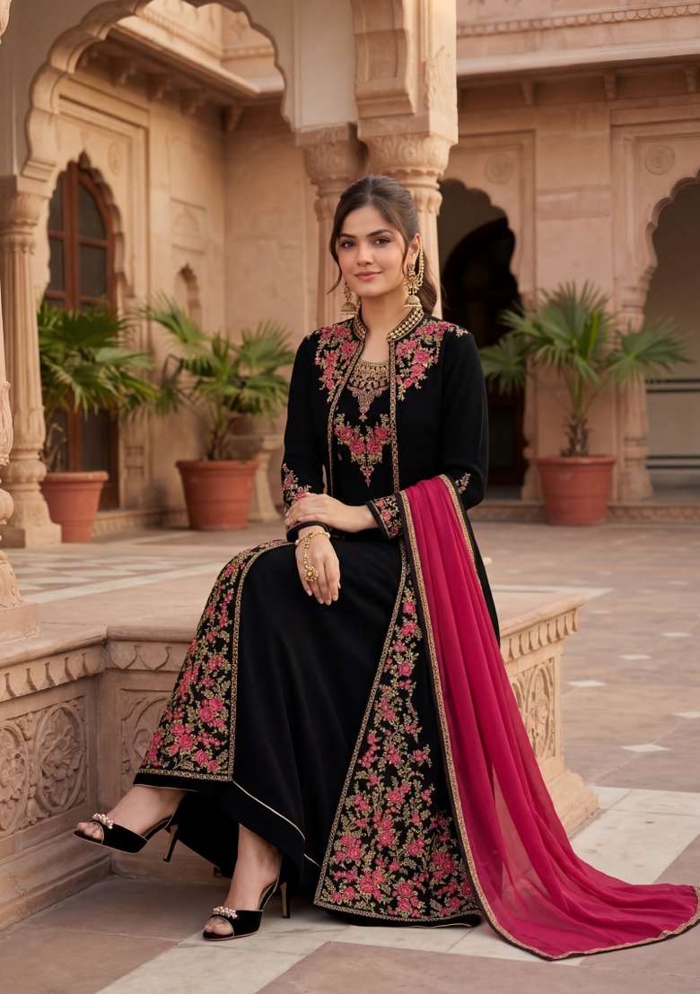 Black Embroidered Georgette Kurta Set - Indya