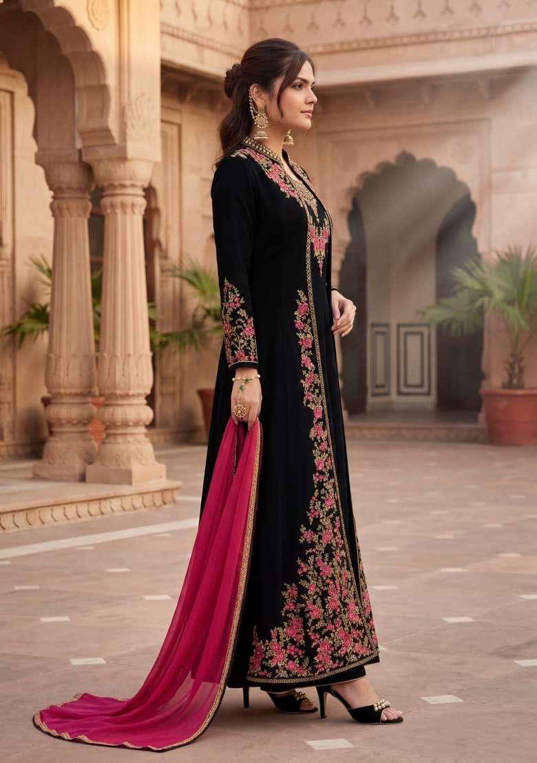 Black Embroidered Georgette Kurta Set - Indya