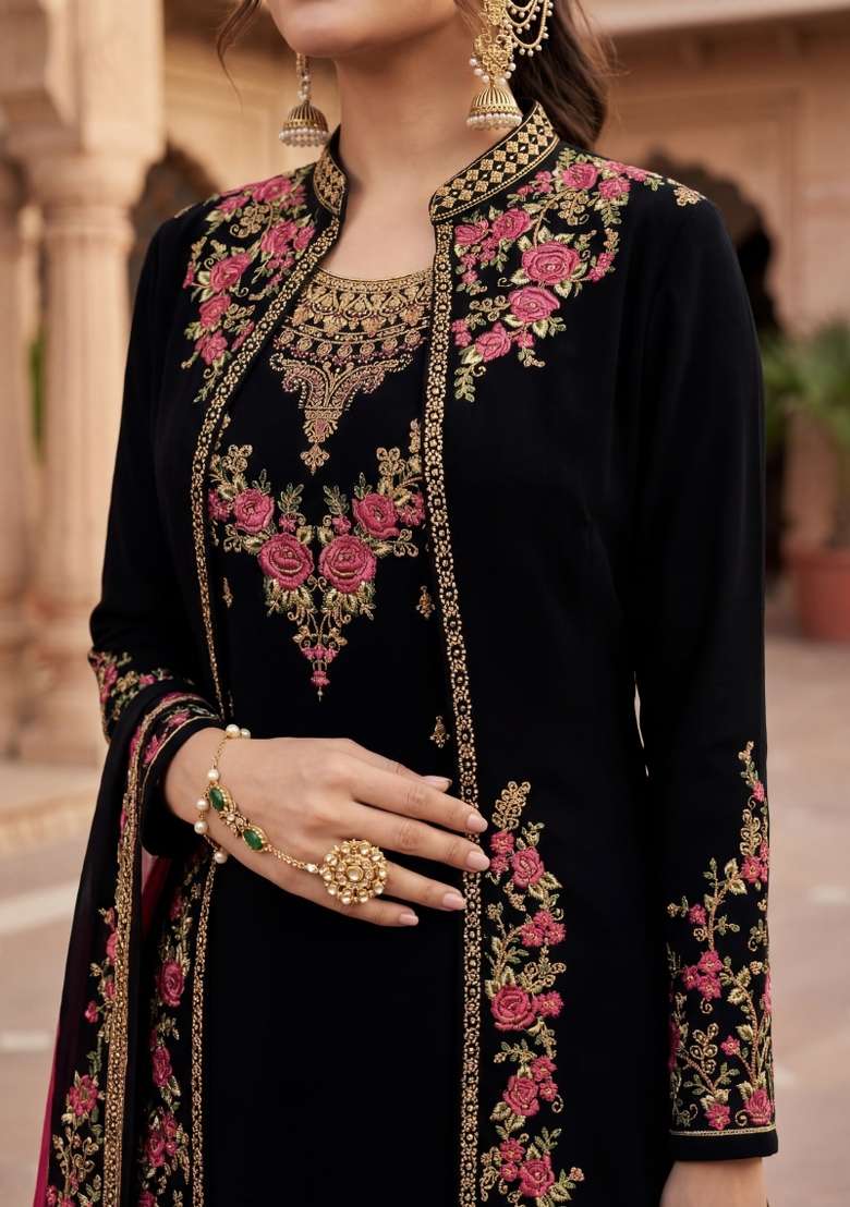 Black Embroidered Georgette Kurta Set - Indya