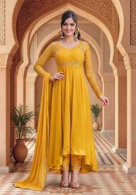 Yellow Embroidered Georgette Kurta Set