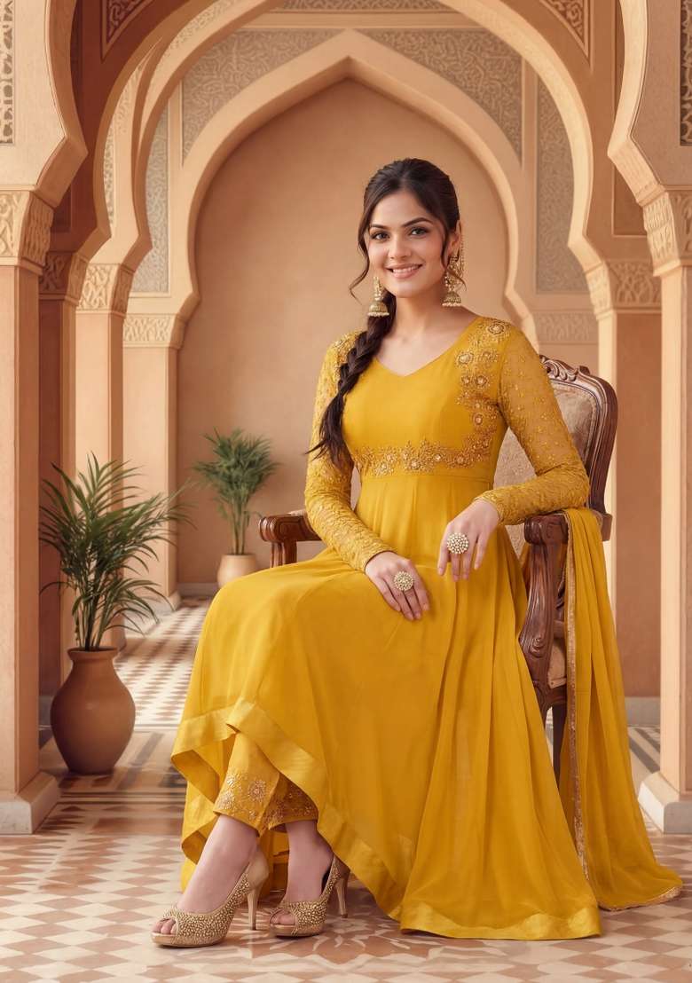 Yellow Embroidered Georgette Kurta Set - Indya