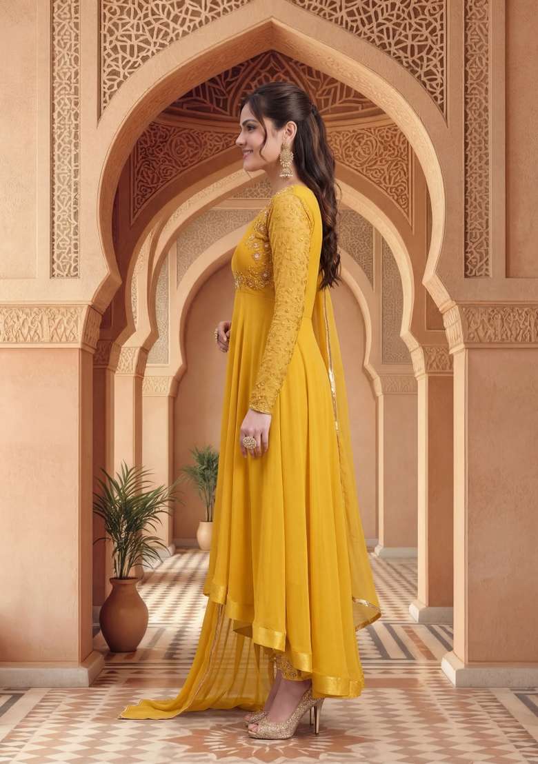 Yellow Embroidered Georgette Kurta Set - Indya