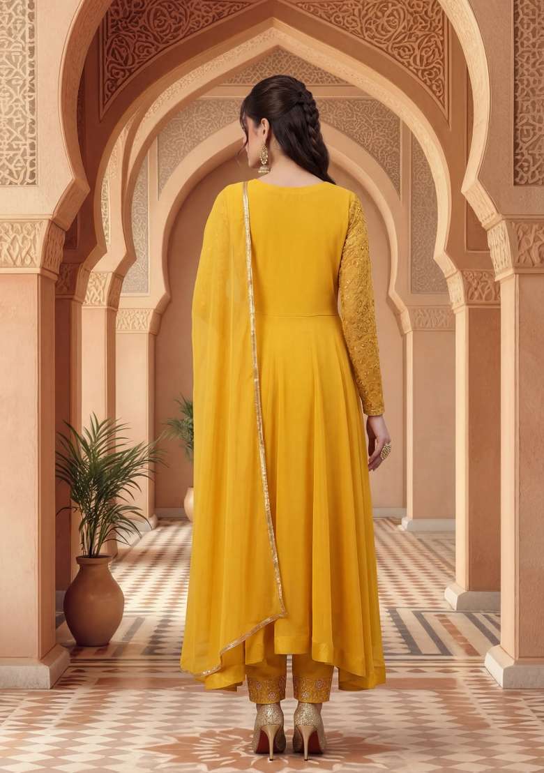Yellow Embroidered Georgette Kurta Set - Indya