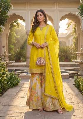 Yellow Embroidered Chinon Kurta Set