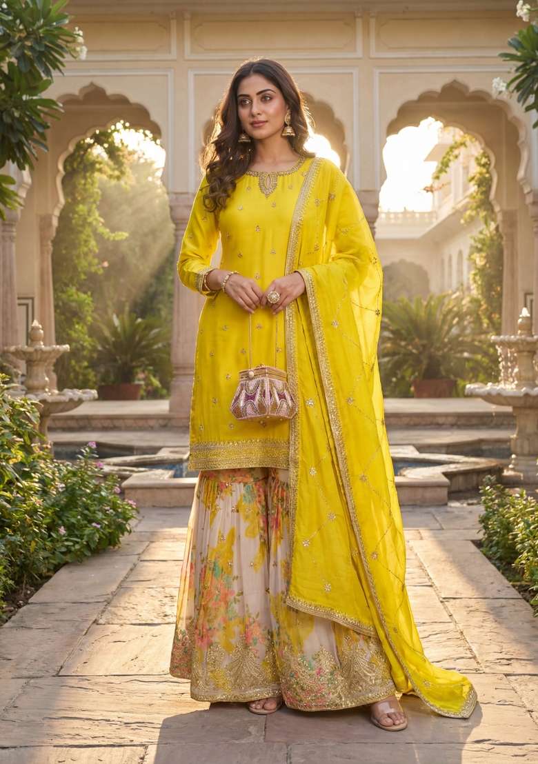 Yellow Embroidered Chinon Kurta Set - Indya