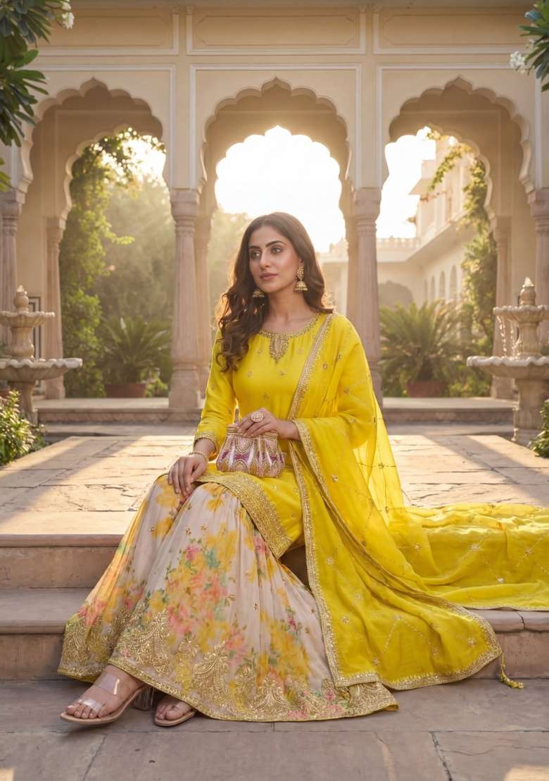 Yellow Embroidered Chinon Kurta Set - Indya