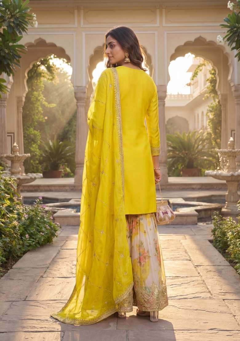 Yellow Embroidered Chinon Kurta Set - Indya