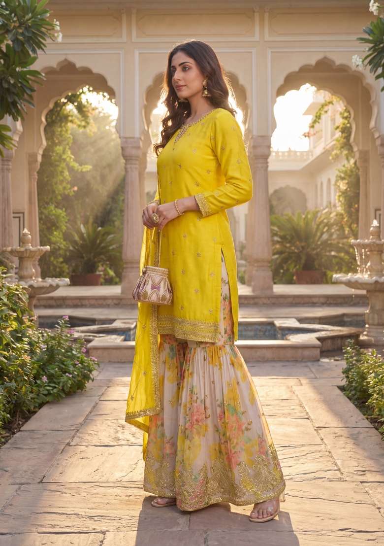 Yellow Embroidered Chinon Kurta Set - Indya