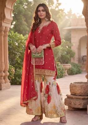 Red Embroidered Chinon Kurta Set