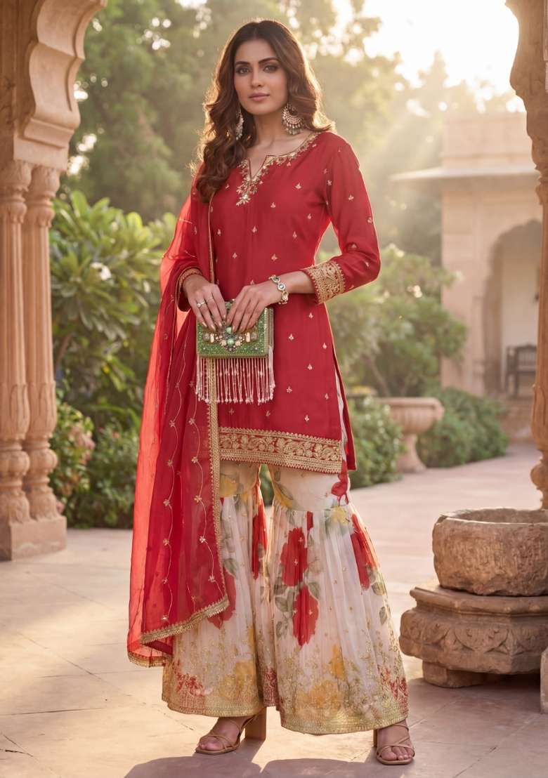 Red Embroidered Chinon Kurta Set - Indya