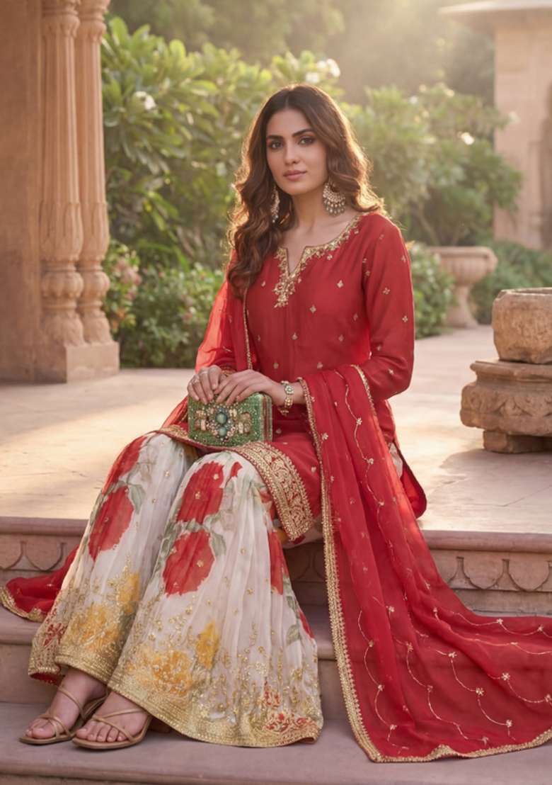 Red Embroidered Chinon Kurta Set - Indya