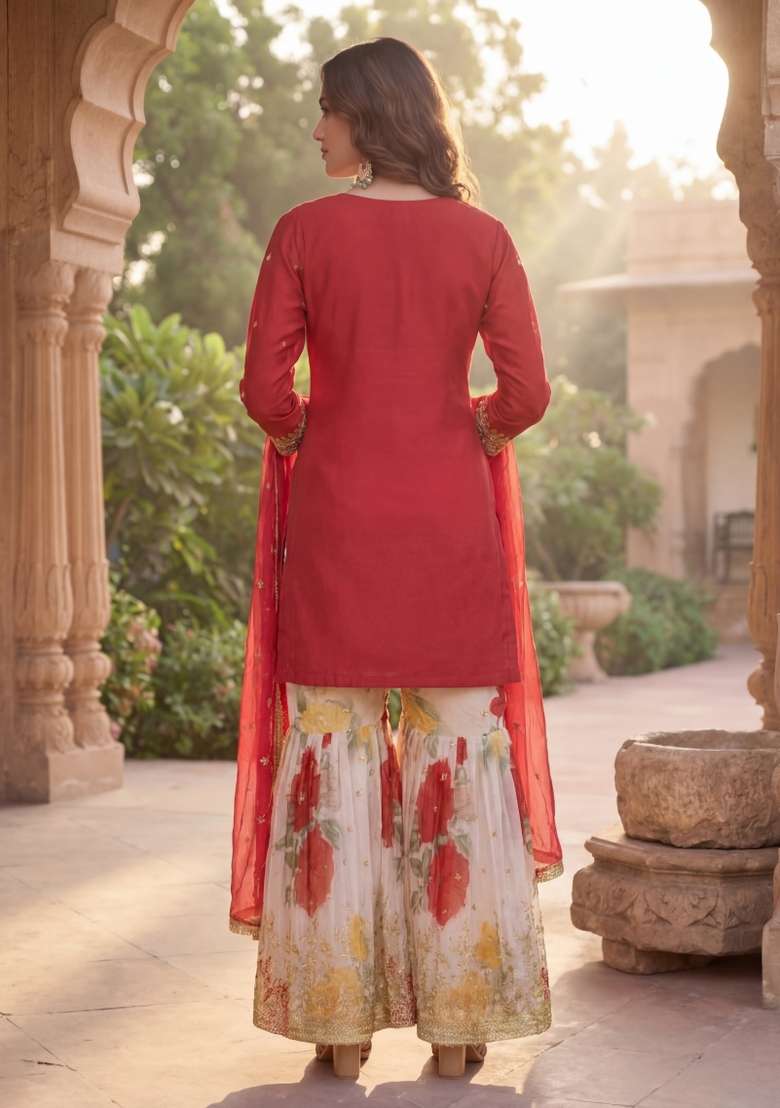 Red Embroidered Chinon Kurta Set - Indya