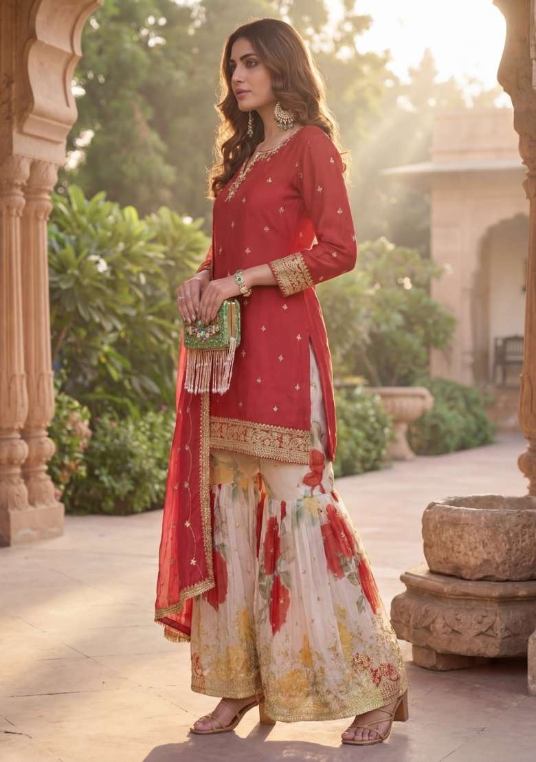 Red Embroidered Chinon Kurta Set - Indya