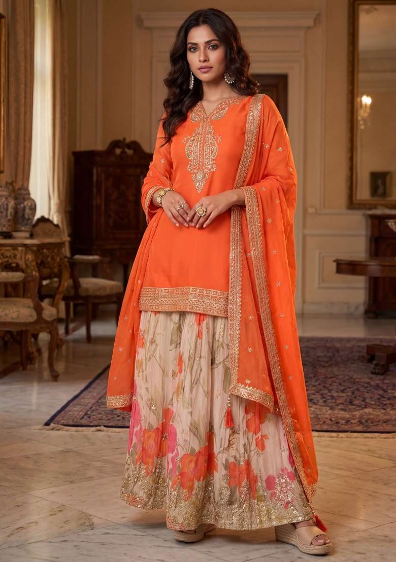 Orange Embroidered Chinon Kurta Set - Indya