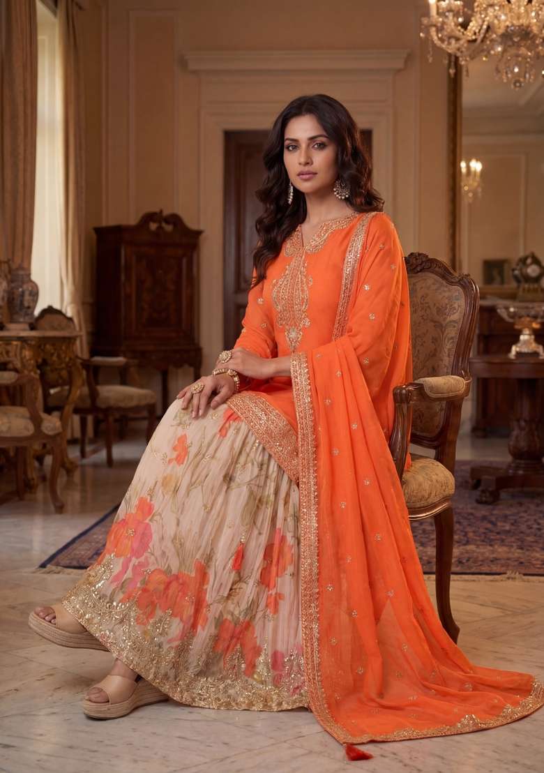 Orange Embroidered Chinon Kurta Set - Indya