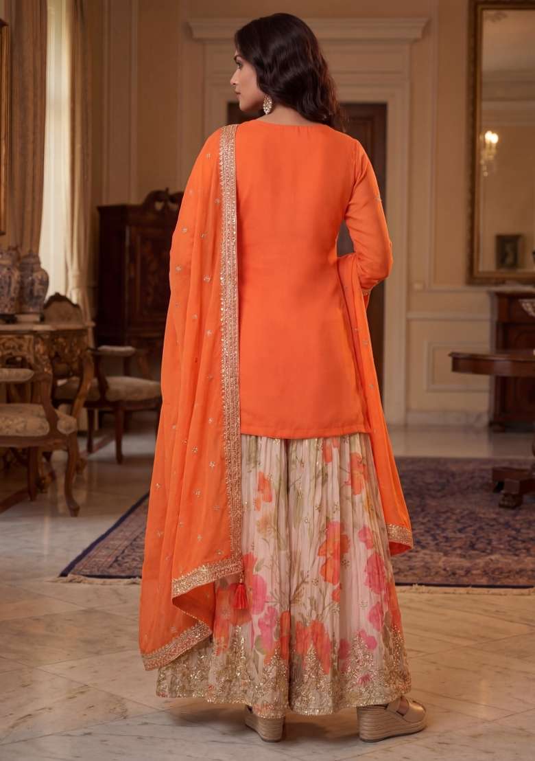 Orange Embroidered Chinon Kurta Set - Indya