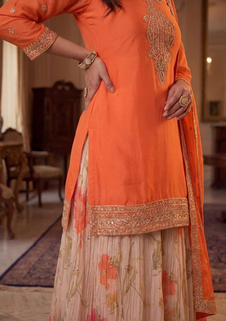 Orange Embroidered Chinon Kurta Set - Indya