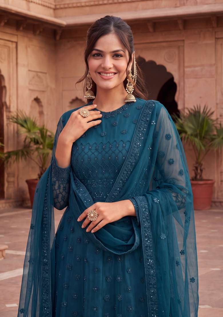 Rama Green Embroidered Net Kurta Set - Indya