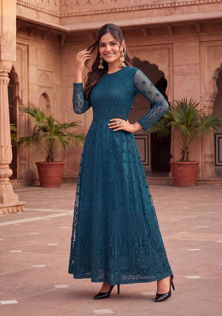 Rama Green Embroidered Net Kurta Set - Indya