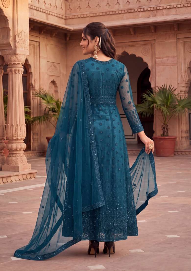 Rama Green Embroidered Net Kurta Set - Indya