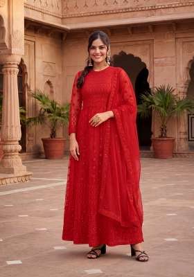 Red Embroidered Net Kurta Set