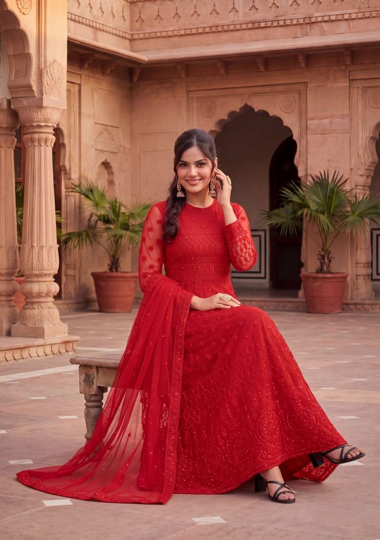 Red Embroidered Net Kurta Set - Indya