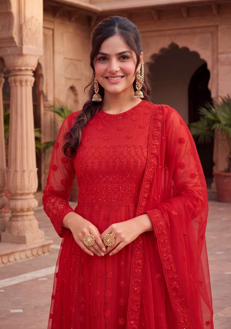 Red Embroidered Net Kurta Set - Indya