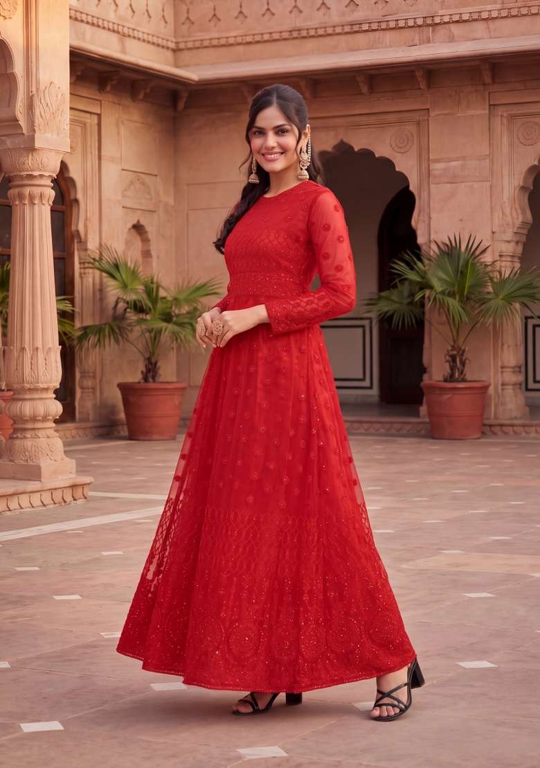 Red Embroidered Net Kurta Set - Indya