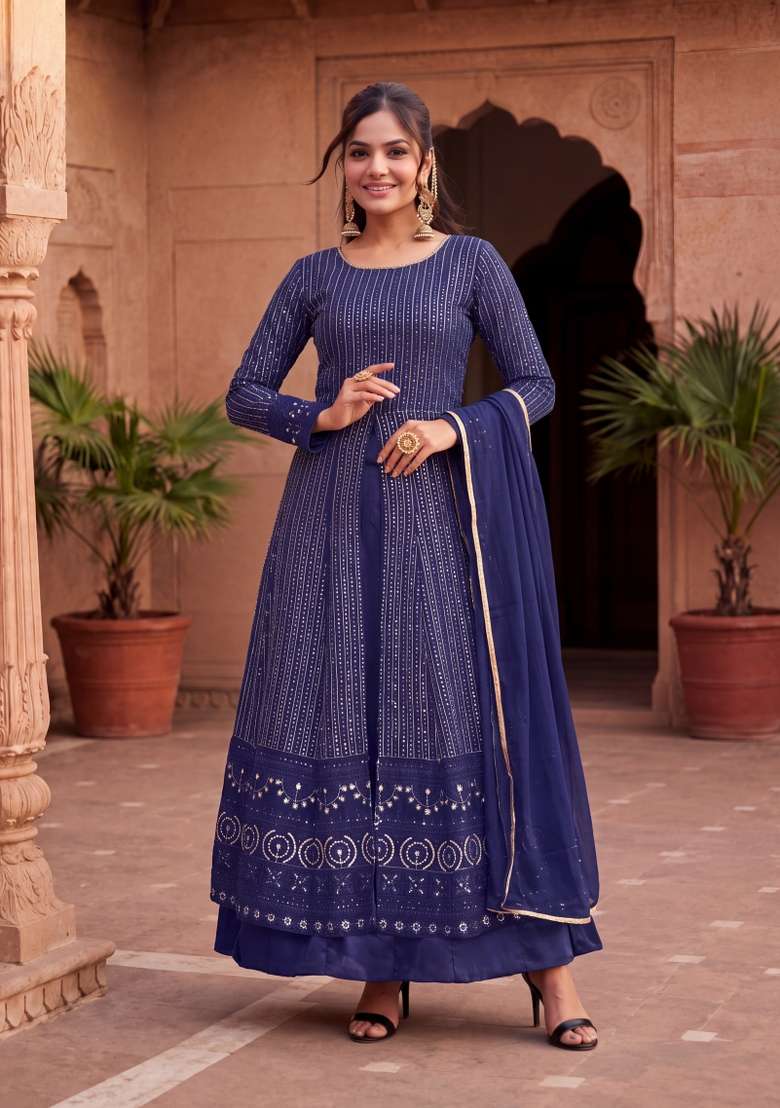 Blue Embroidered Georgette Kurta Set - Indya