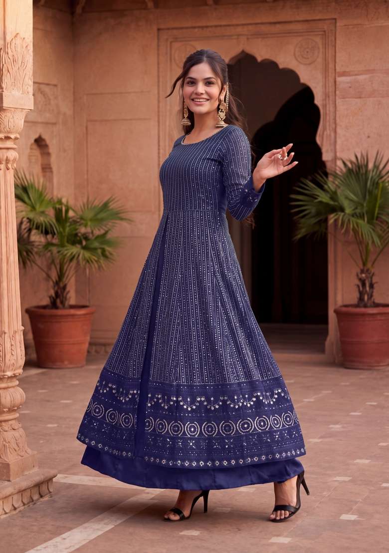 Blue Embroidered Georgette Kurta Set - Indya