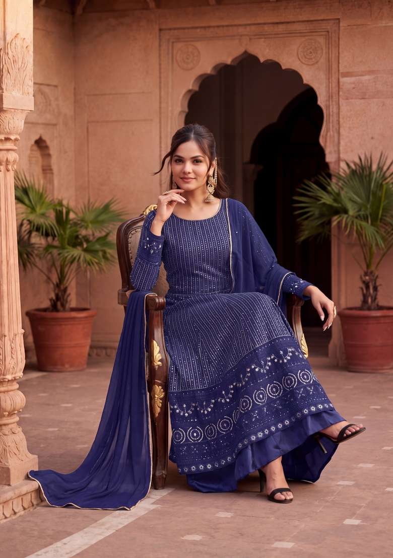 Blue Embroidered Georgette Kurta Set - Indya