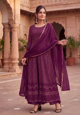 Purple Embroidered Georgette Kurta Set