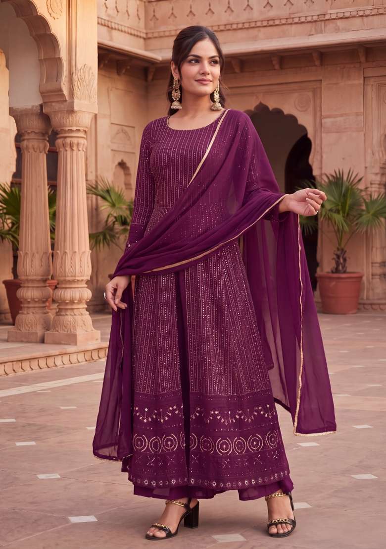 Purple Embroidered Georgette Kurta Set - Indya