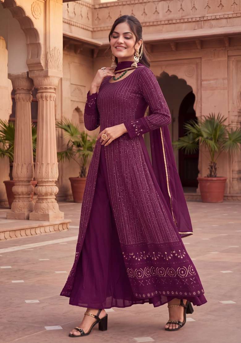 Purple Embroidered Georgette Kurta Set - Indya