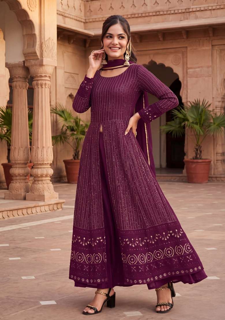 Purple Embroidered Georgette Kurta Set - Indya