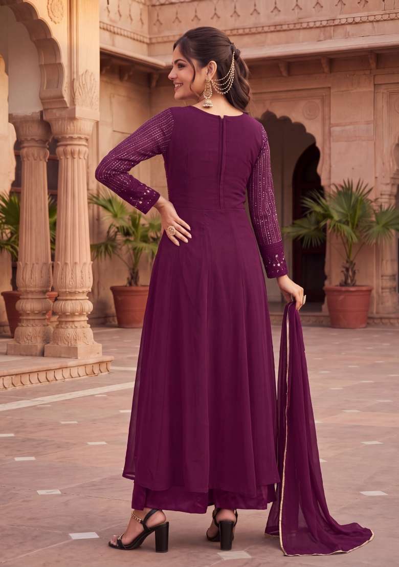 Purple Embroidered Georgette Kurta Set - Indya