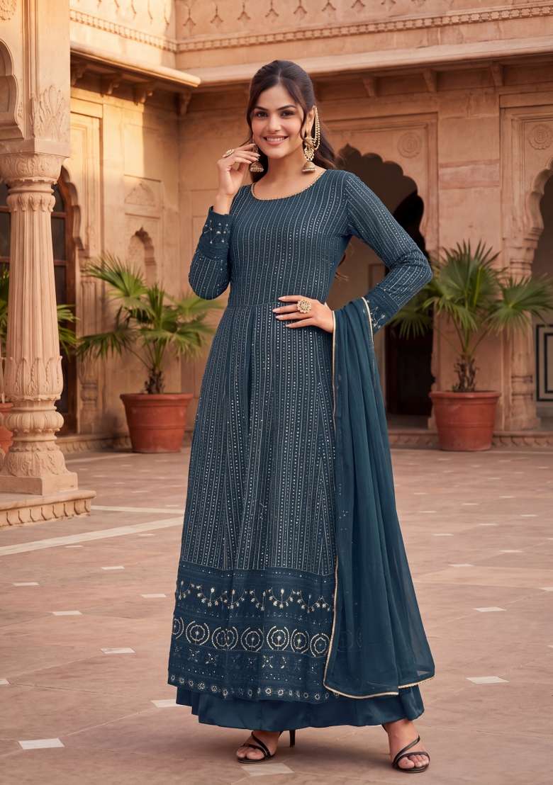 Rama Green Embroidered Georgette Kurta Set - Indya