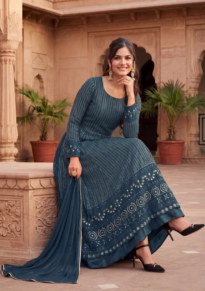 Rama Green Embroidered Georgette Kurta Set - Indya