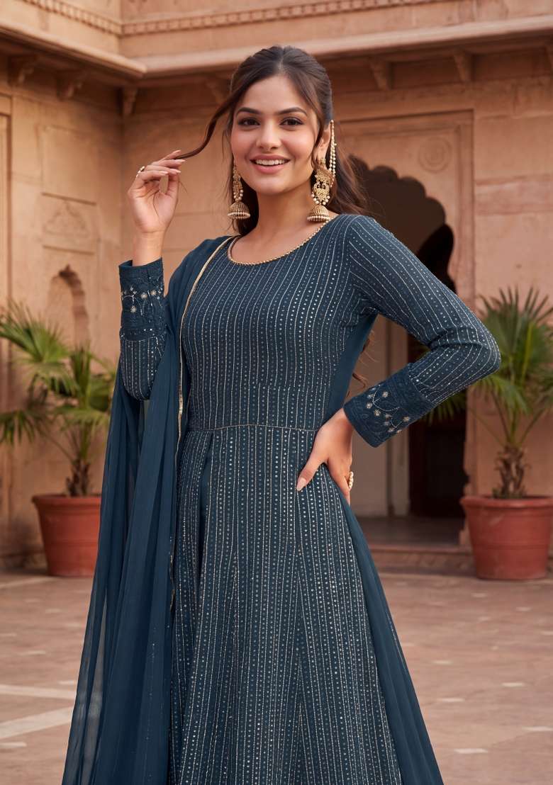 Rama Green Embroidered Georgette Kurta Set - Indya