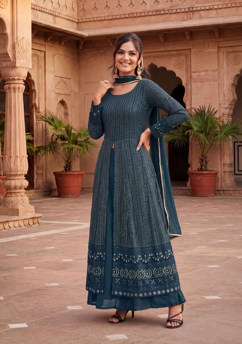 Rama Green Embroidered Georgette Kurta Set - Indya